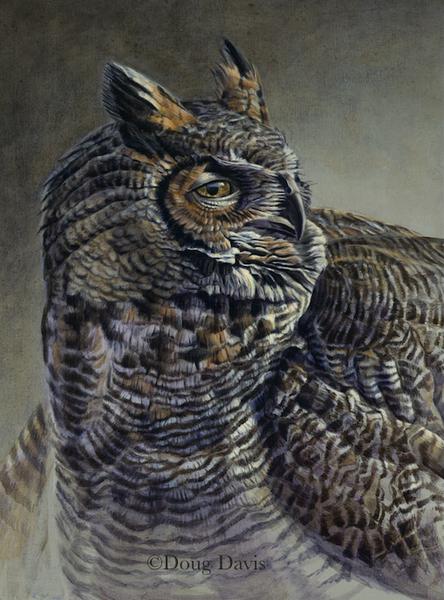 A great horned owl perched against a muted background